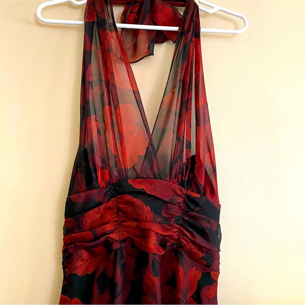 Formal halter top backless red and black print dress - Size 4.